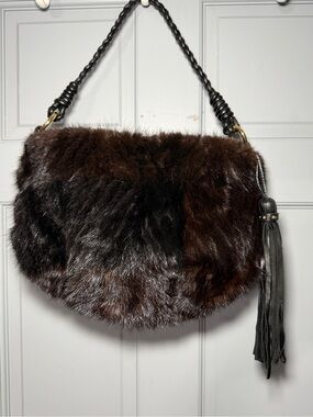 Paolo Masi Dark Mink Fur Shoulder Bag with Black Tassel - dark brown, black